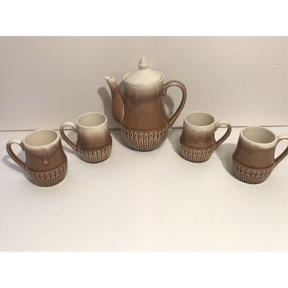 Vtg Teapot and 4 cups Japan Mid Century Brown Drip Glaze Candles Acorn Lid RARE